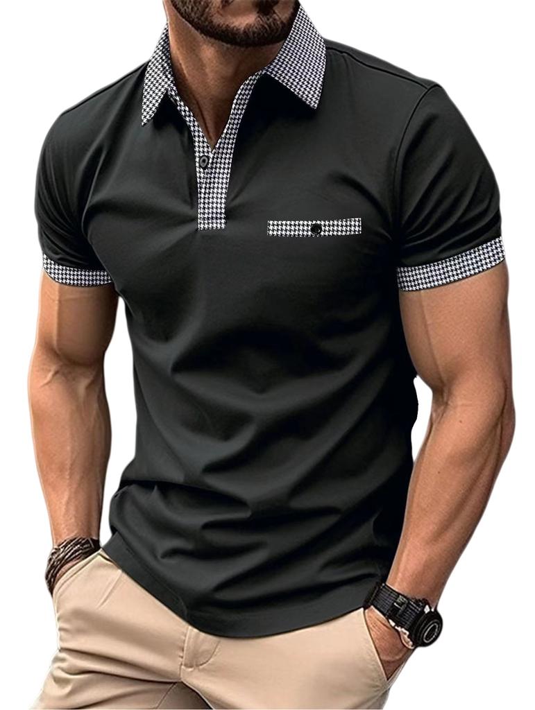 Men's Summer Fashion Loose Polo Shirts Short Sleeve Plaid Turn-down Collar T-shirt Top