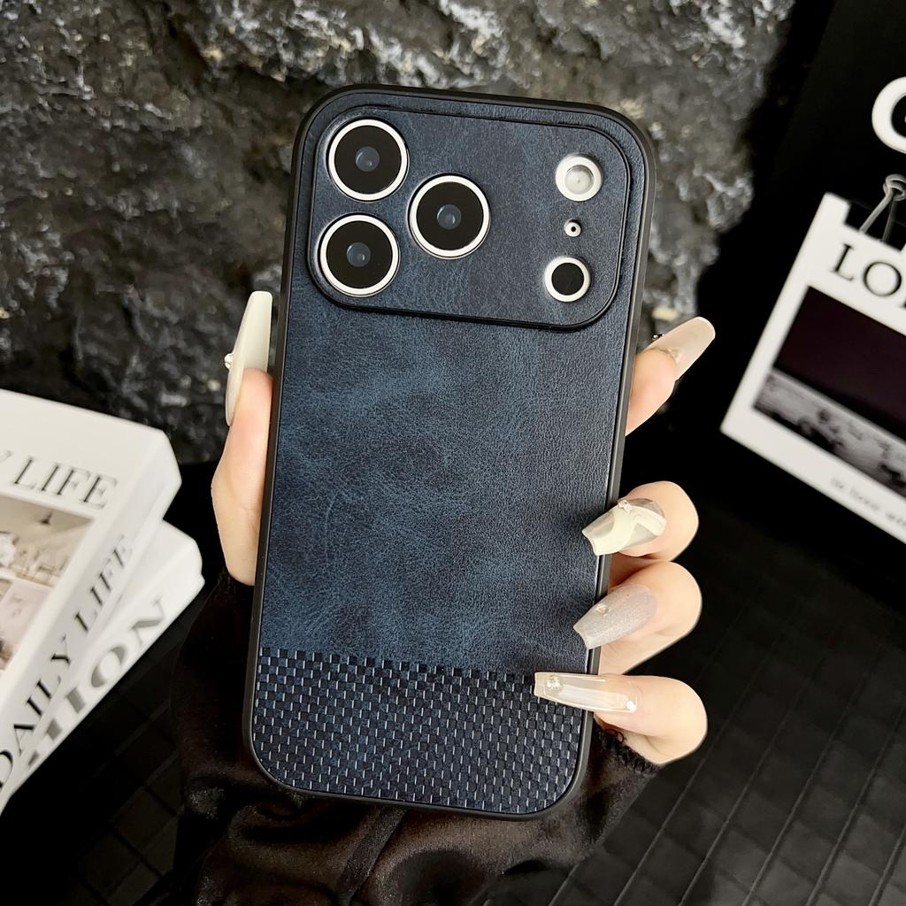 For iPhone 17 Pro Max Case Grid Texture PU Leather Coated PC TPU Phone Cover