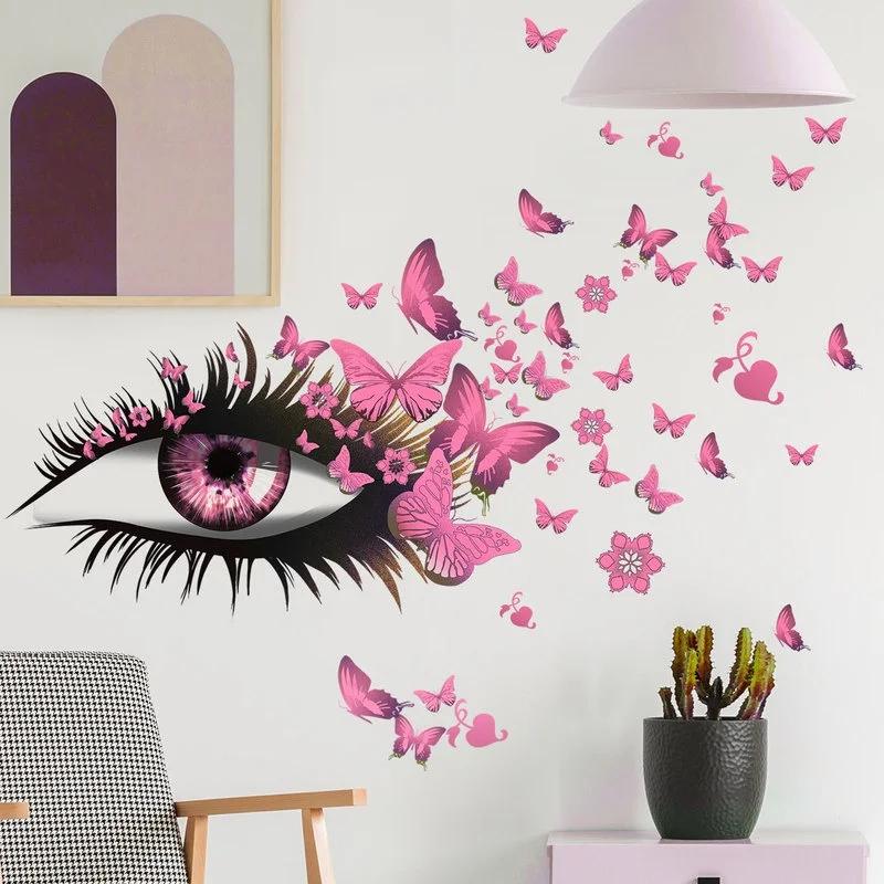 

Creative Beautiful Girl Eyes Wall Sticker Flying Butterfly Wall Decals Girl Long Eyelashes for Couple Lovers Bedroom Decoration розовый
