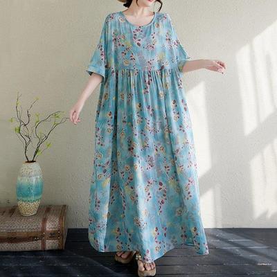 Short Sleeve Plus Size Vintage Floral New In Dresses for Women Casual Loose Maxi Long Summer Dress