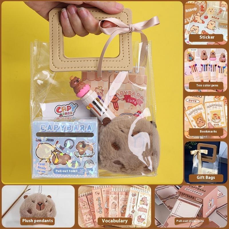 1 Set Pen Stickers Notebook Plush Pendants Handbag Final Prizes Stationery Gift Bag For Students Kawaii Capybara Stationery Kit