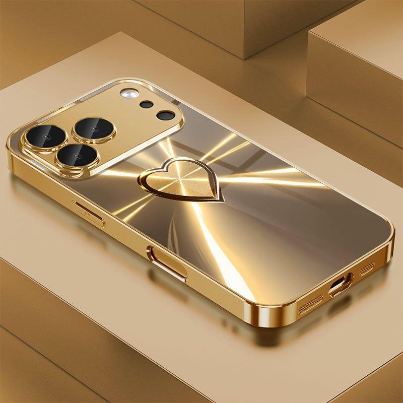Golden Heart Sparkling Light Pattern Metallic Glass Phone Case For iPhone 11 12 13 14 15 16 17 Pro Max 14 Plus 17 Air 16E Cover