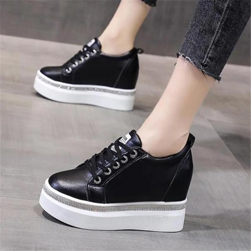 Fashion Plus Size 40 Women Wedge Sneakers Side lace-up PU Leather Casual Flat Shoes Sequins Thick Bottom White Shoes Internal Heighten