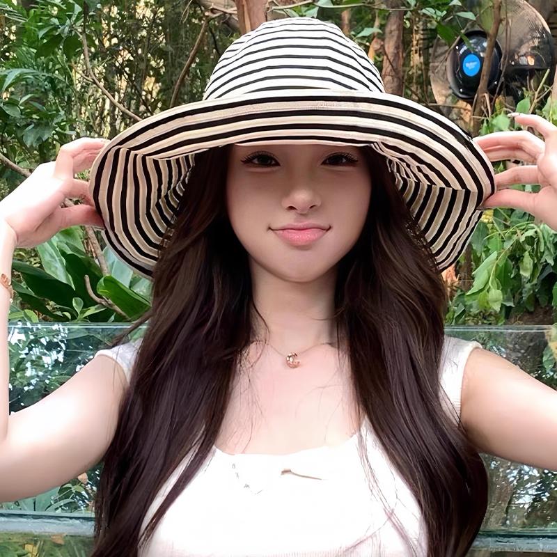 2026 Summer Versatile Foldable Color-Blocked Striped Wide-Brimmed Sun Hat For Beach Vacations And Sun Protection