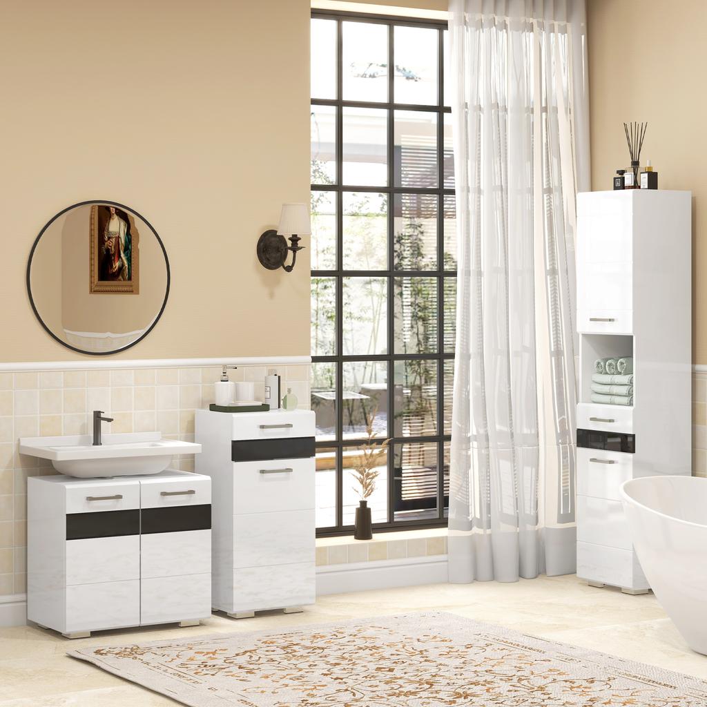 Bathroom Column in MDF with Open Shelf, Drawer and Closed Cupboard, 37x32.5x170 cm, White