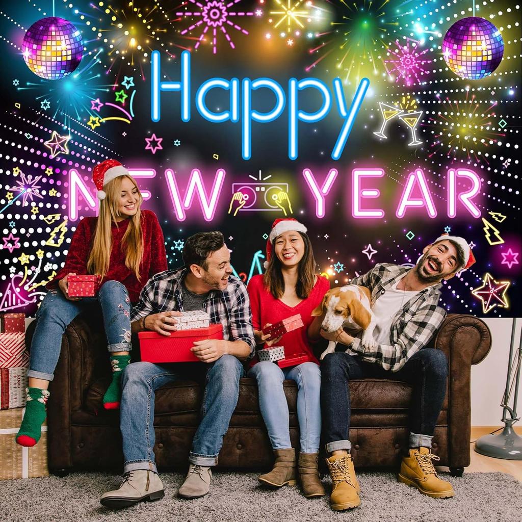 Neon Happy New Year 2026 Banner - Large Colorful Disco Theme Party Backdrop with Hanging Rope - New Years Eve Party Supplies 2026 - Holiday Photo