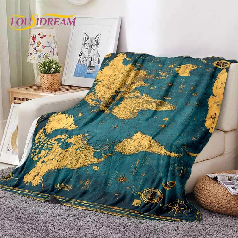 Retro Antike Seekarte Kraft Weltkarte Kompass Weiche Decke, Weiche Überwurfdecke für Zuhause Schlafzimmer Bett Sofa Abdeckung Kind