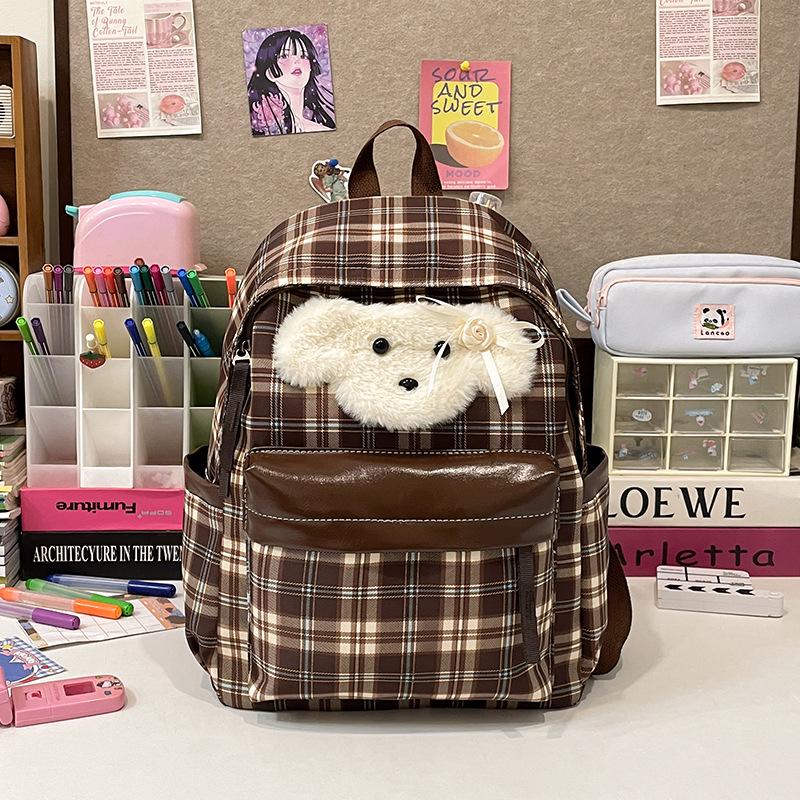 Retro-karierter Welpen-Rucksack im College-Stil für Herbst/Winter – stylische All-Match-Schultasche für Mädchen