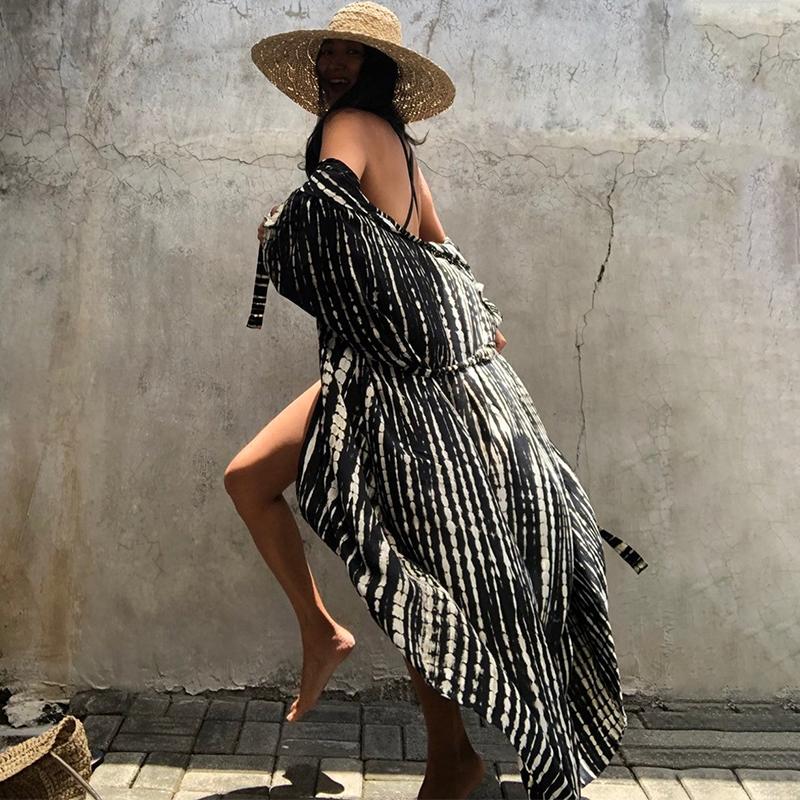 2022 Bikini Cover-ups Black Retro Striped Self Belted Plus Size WomenSummer Kimono Dress Beach Wear Swim Suit Cover Up Q1225