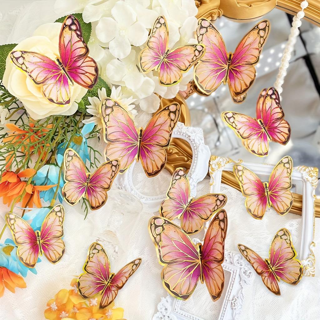 12 Stück Schmetterlings-Wandaufkleber im modernen Design mit goldenen Rändern – wiederverwendbar, selbstklebend, geeignet für die Heimdekoration