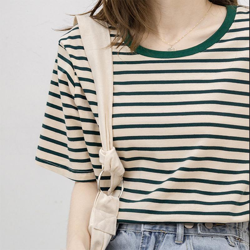 Summer thin new style all-match loose cotton green striped T-shirt women 965