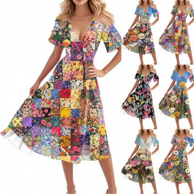 Damen Freizeitmode Glockenrock V-Ausschnitt Kurzarm Kleid mit Blumendruck