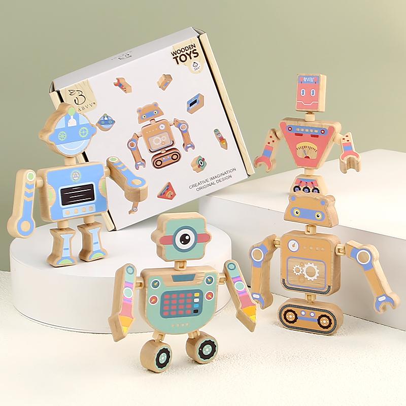 Wooden Large Particle Building Blocks Animal Dinosaur Robot Assembling Toys Joints Rotatable Toys Toddlers Kids Educational Gift
