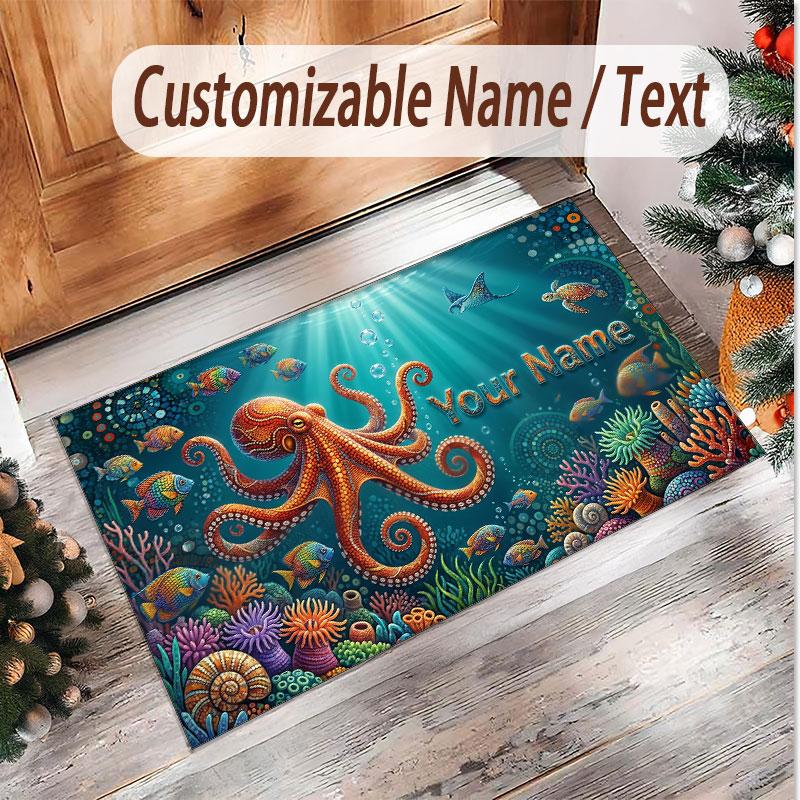 Fish Ocean Theme Soft Crystal Velvet Rug Custom Name & Text Print Non Slip Floor Rug for Bedroom Living Room