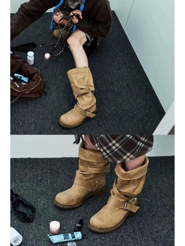 In Stock: Women's Two-Way Wear Heavy-Duty Distressed Knight Boots with Belt Buckle - Retro Style Outdoor Boots