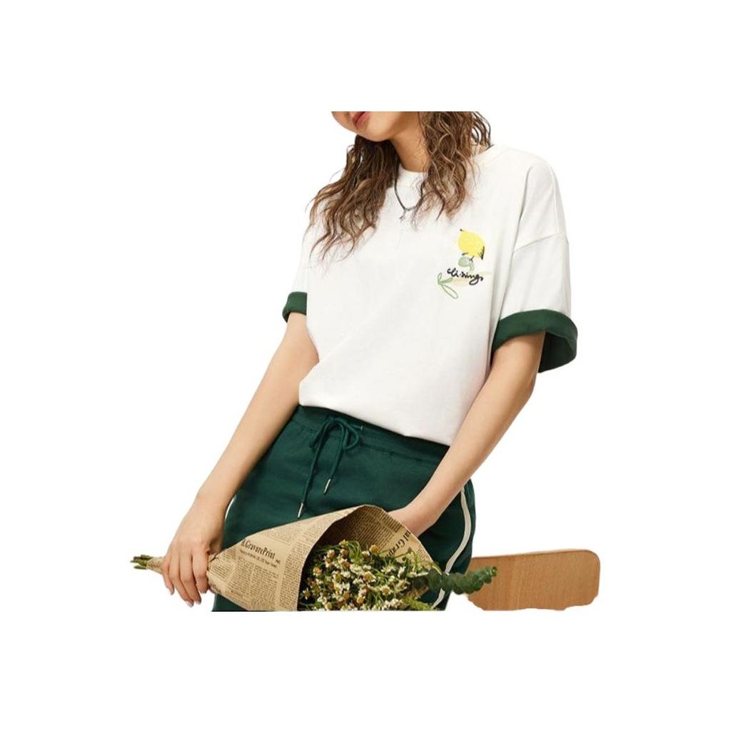 Li Ning Chinese Culture Series Printed Pattern Loose Casual Short Sleeve Drop Shoulder T-Shirt Women T-Shirt Off-White AHSU338-1