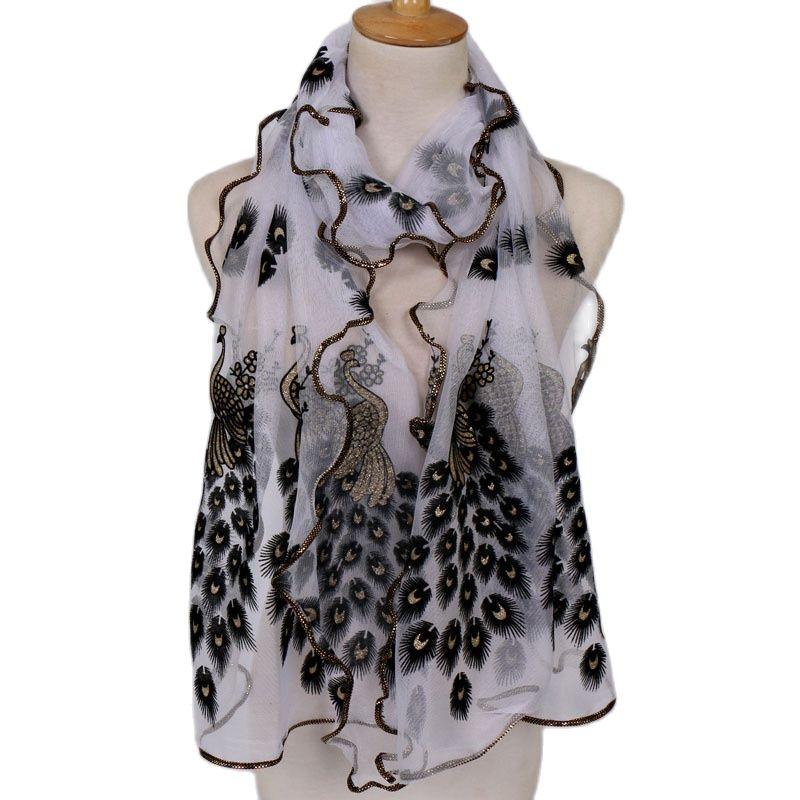 Women Chiffon Neck Scarf Flower Peacock Embroidered Lace Scarf Femmes Silk Long Soft Elegant Shawl New Spring Muffler Scarves