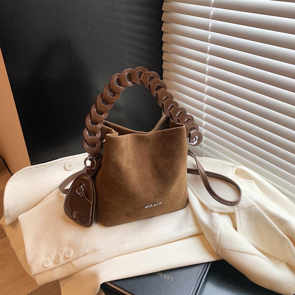 Vintage Suede Bucket Bag Women's Fashion High-end Unique Woven Handbag Suede Crossbody Bag Small Handbag
