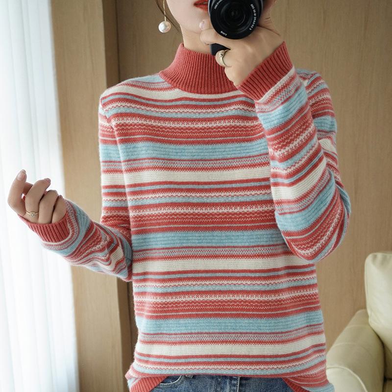 Autumn Winter Base Knitted Sweater Elegant Rainbow Knitting Tops Women All Match Casual Knitwear Long Sleeve Stripe Sweaters Thick Pullover