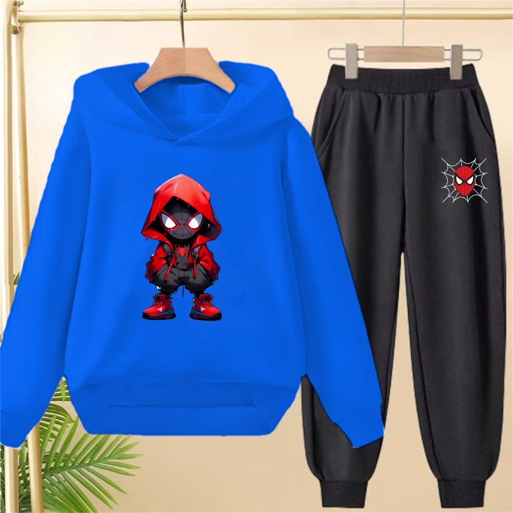 Çocuk Siyah Kapişonlu Örümcek Adam Baskılı Spor Kazak Mont Sweatshirt+Pantolon Erkek Kız Bebek Giysileri Eğlence Seti