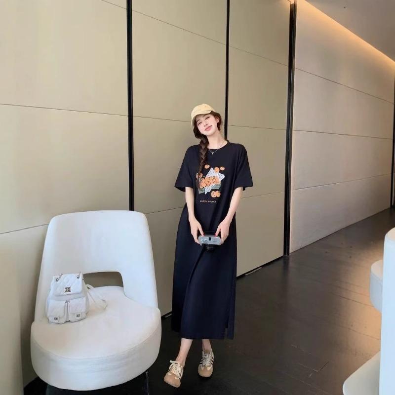 Women's Short-sleeved T-shirt Skirt Summer Mid-length Over-the-knee Dress Plus-size Slimming Dress