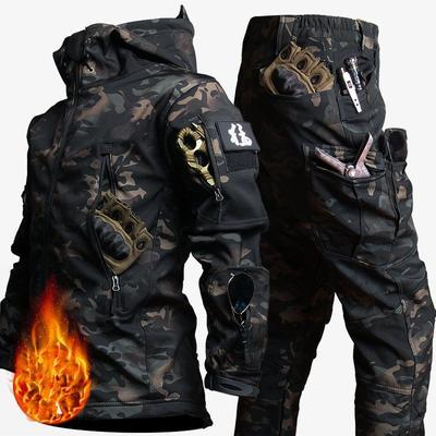 Men's Winter Multi-Pocket Snow Warmth Thickened Suit Plus Size Sports Work Suit Soft Shell Jacket + Waterproof Warm Pants Two Piece Set