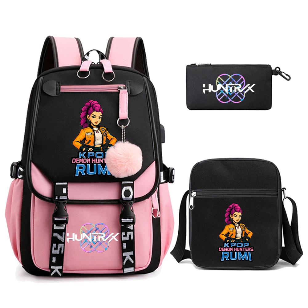 3Pcs/set Anime K-pop Demon Hunters Printed Backpack with Shoulder Bag for Teenager Student Girl Boy Bookbag Large Capacity Travel Bag Kid Gift