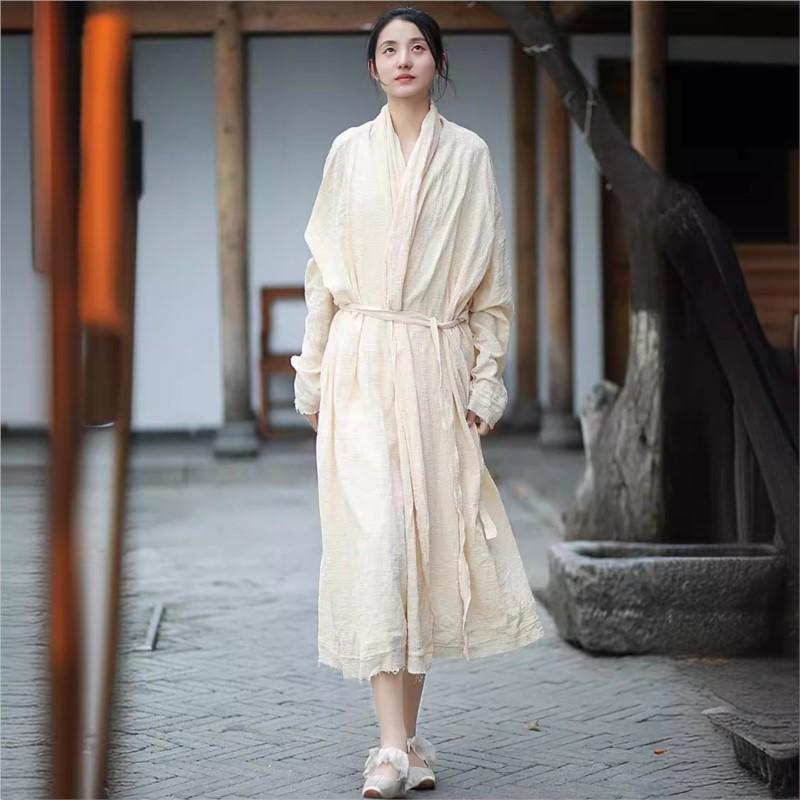 Johnature Dámské jednobarevné šaty s volným dlouhým rukávem v čínském stylu