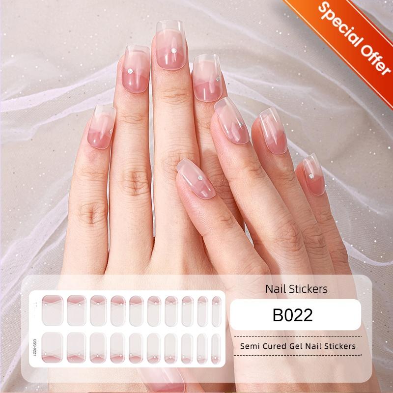 20Tips Gradient French Semi-cured Gel Nail Sticker UV Lamp Needed Full Cover Nail Gel Polish Wraps Manicure Press On Nails Decal
