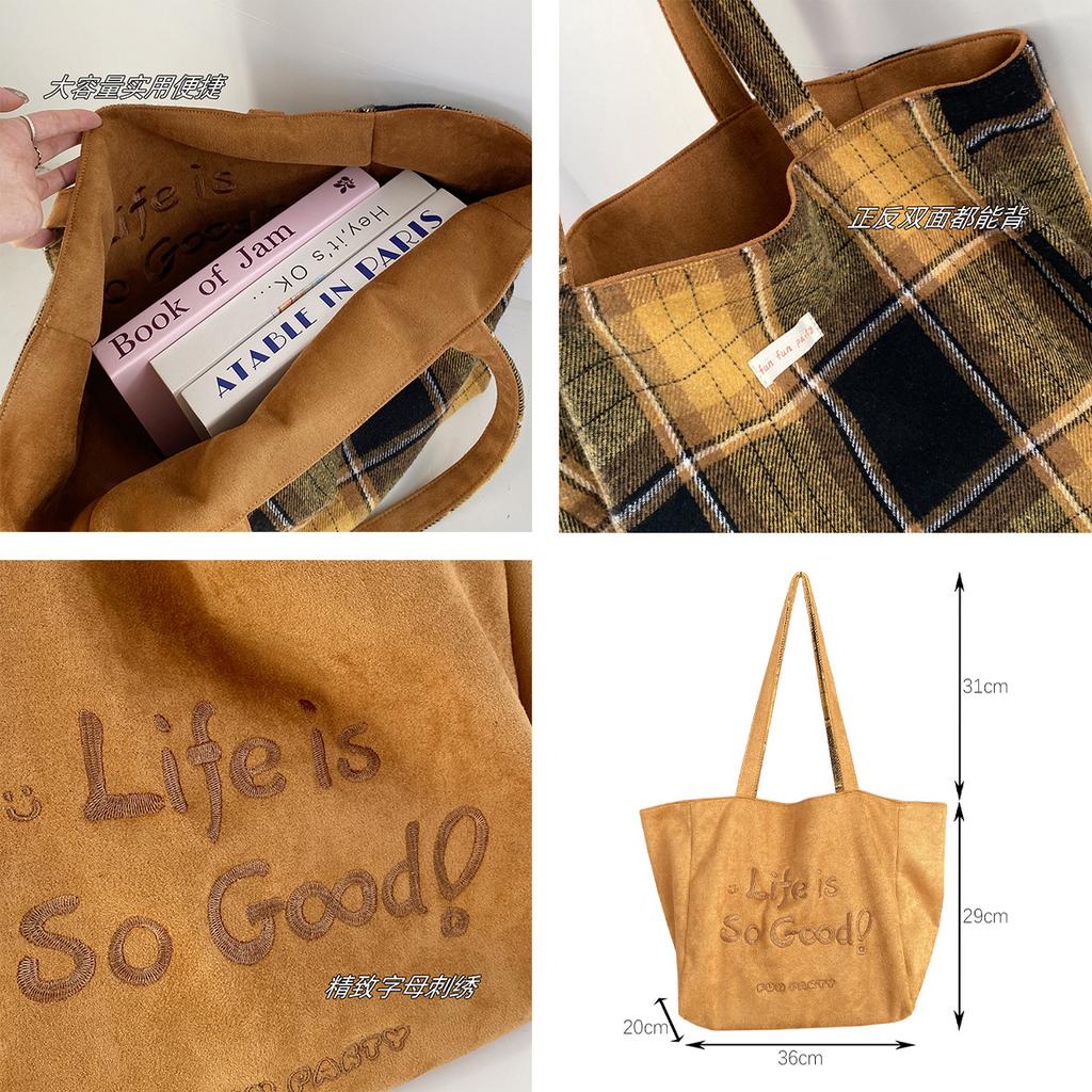 Autumn Plaid Women Double-Sided Woolen Shoulder Bags Large Capacity Ladies Suede Casual Tote Letter College Style Girls Handbags