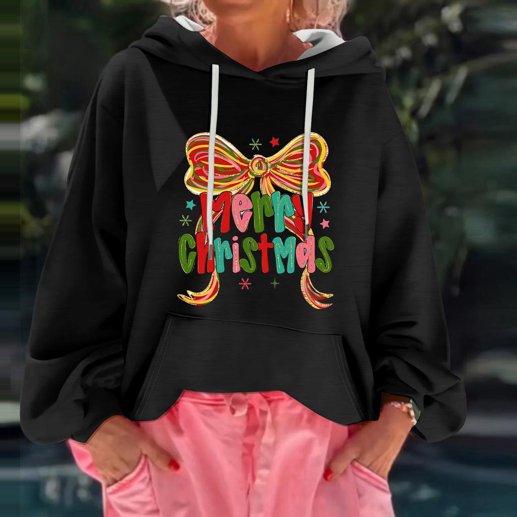 Women's Christmas Print Loose Casual Long Sleeve Hooded Sweatshirt