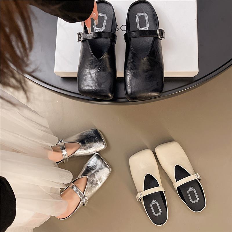 2025 Spring New Fashion Korean Version of Simple Belt Buckle Square Head Bag Head Half Drag Without Heel Lazy Slippers Women