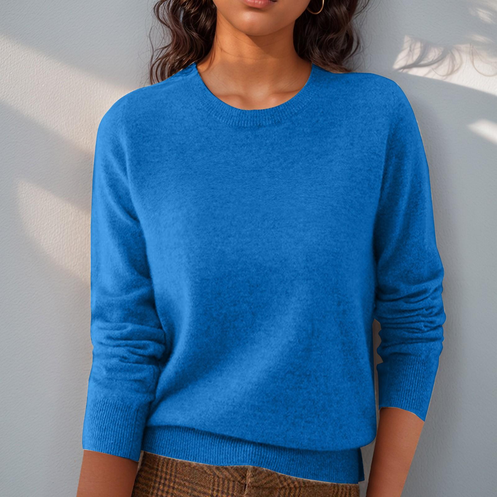 

Женский однотонный повседневный вязаный свитер с круглым вырезом и длинными рукавами, пуловер и базовый слой вязаный свитер M синий