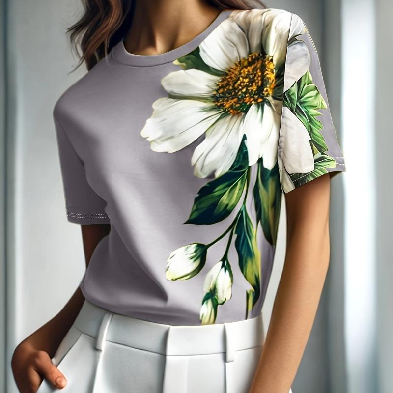 Frühling und Sommer Stilvolle Mama Pendeln Urlaub Blumendruck Rundhals-T-Shirt