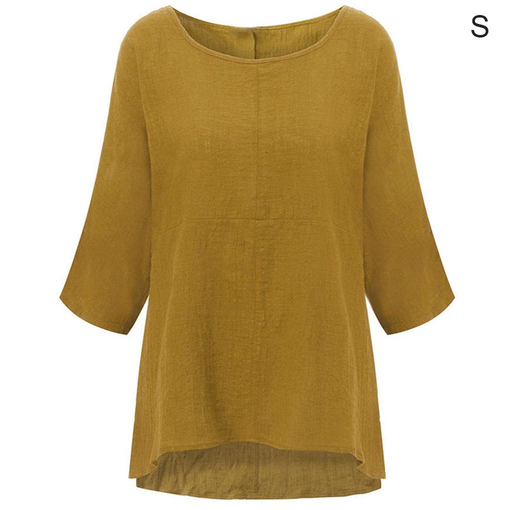 Women T-Shirt Solid Color Casual Top Short Sleeve Linen Blouse