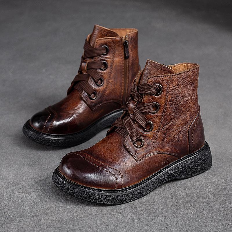 Fashion GKTINOO Genuine Leather Women Short Boots 2025 New Winter Round Toe Ziper Solid Color Handmade Retro Ankle Boots