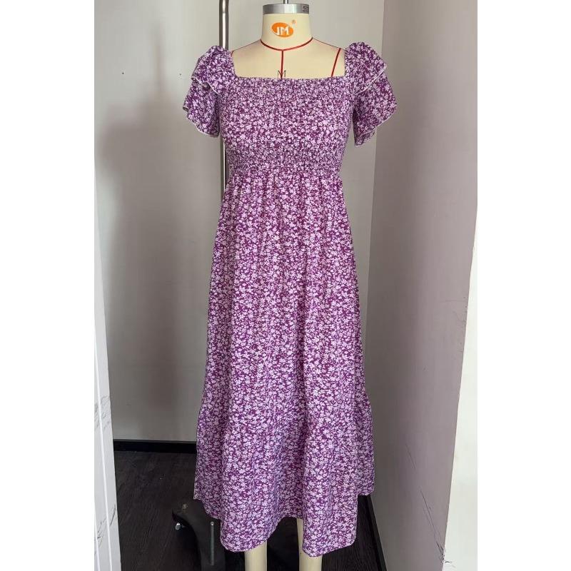 Spring and summer new TK women's clothing with short sleeves and square neck floral dress length