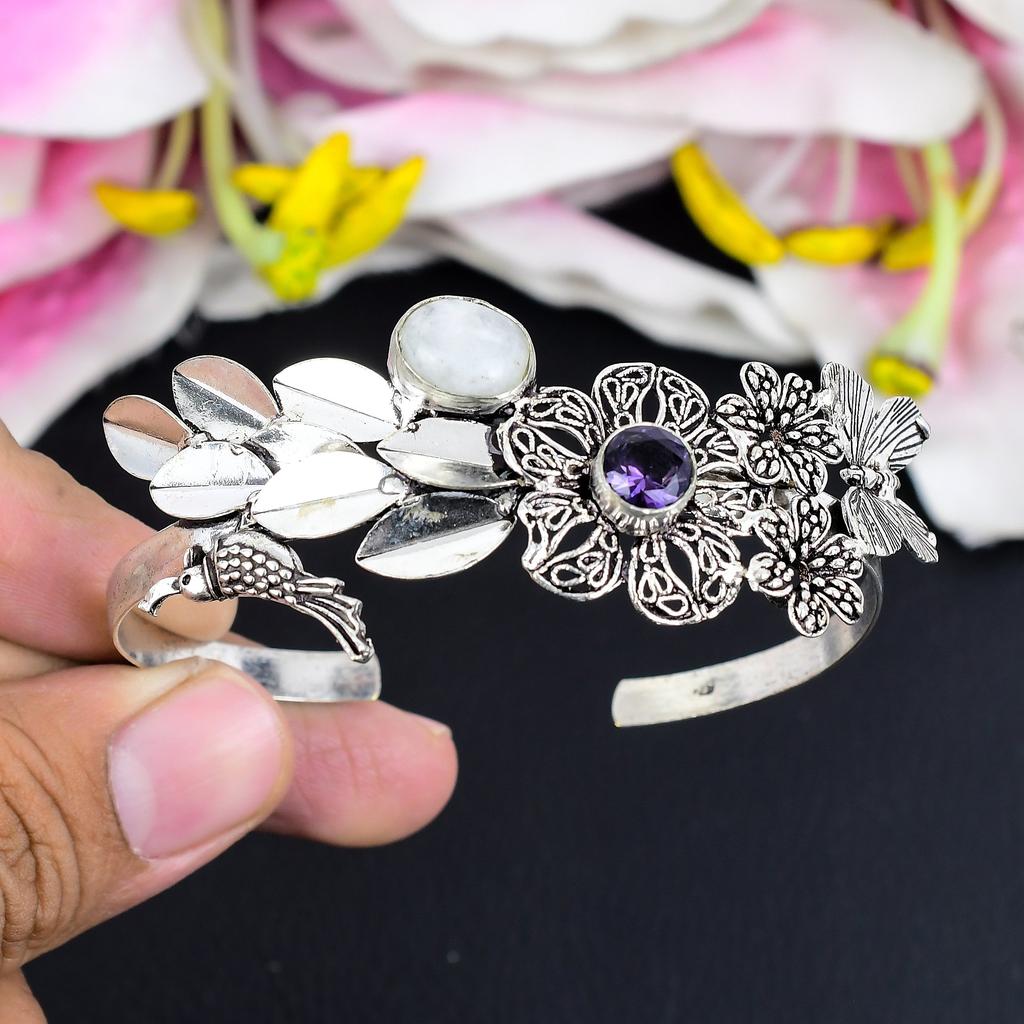 Moonstone, Amethyst Gemstone 925 Sterling Silver Cuff Bangle Adjustable KG-1879
