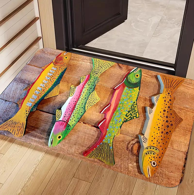 Tappetino Antiscivolo Lavabile con Stampa di Pesci Trota Colorata Rustica per Ingresso Pesca Decorazione Casa