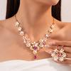 Romantic Pink Flower Water Drop Rhinestone Jewelry Set Alloy Crystal Necklace Earrings Bridal Banquet Accessories