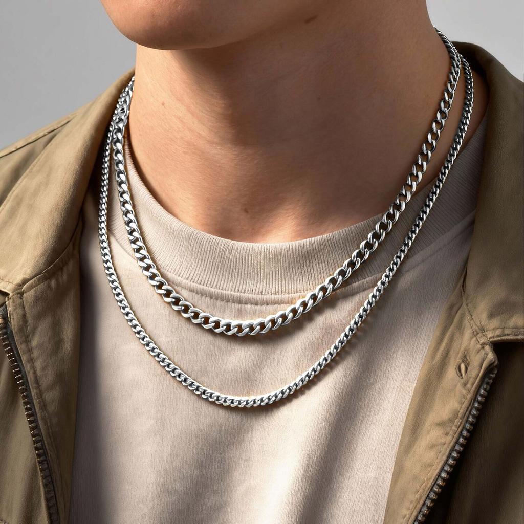 2pcs Trendy Chain Necklace for Men Boys,Stainless Steel Silver Gold Color Cuban Chain Collars,Box Chain Twisted Rope Chain Gift