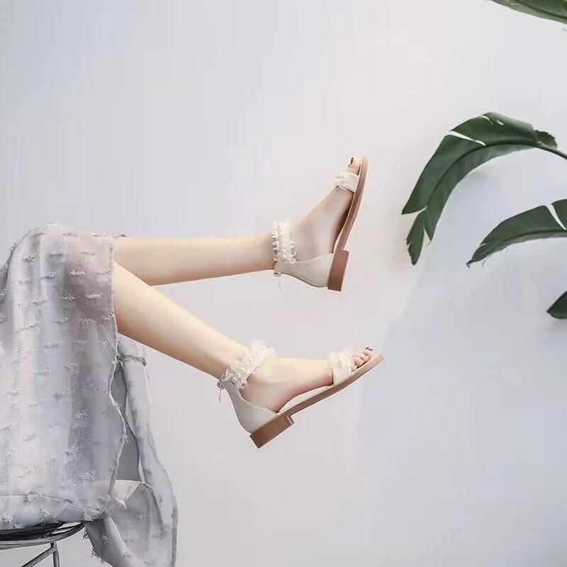Fashion One Word Roman Style Zip Ladies Shoes Flat Rubber No Heel Pearl Outdoor Footwear White Open Toe Summer 2024 Sandals for Women H