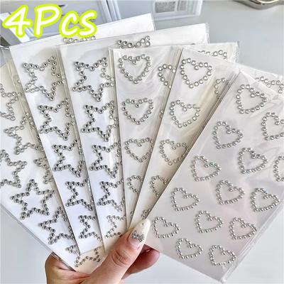 4Pcs 3D Star Heart Crystal Stickers DIY Decoration Self Adhesive Jewelry Crafts Sparkly Rhinestone Makeup Stickers Gifts Temporary Tattoo Shiny Hollow