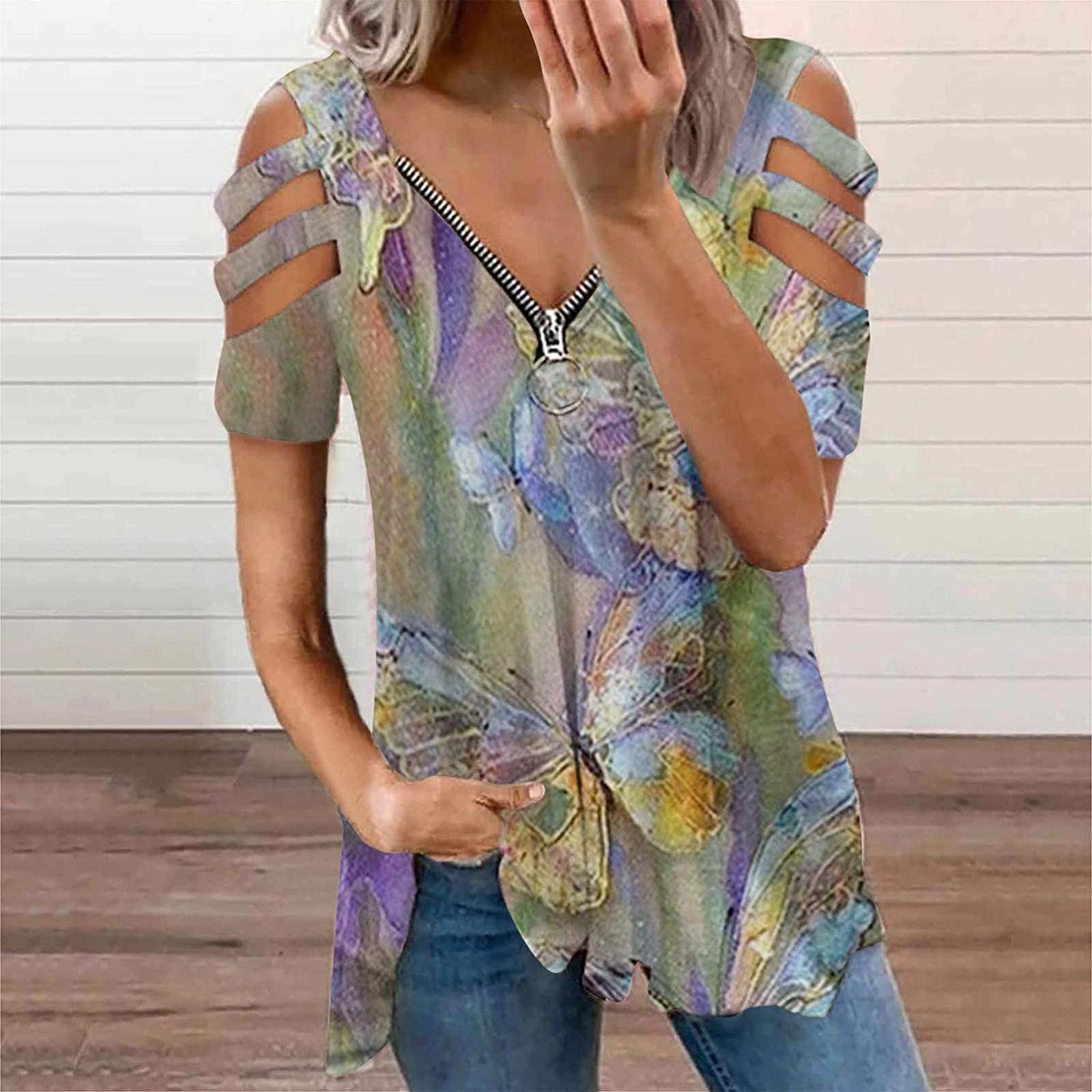 Womens Sexy V-neck Collar Zipper Color Short Sleeve Fold Casual Blouse Tops L