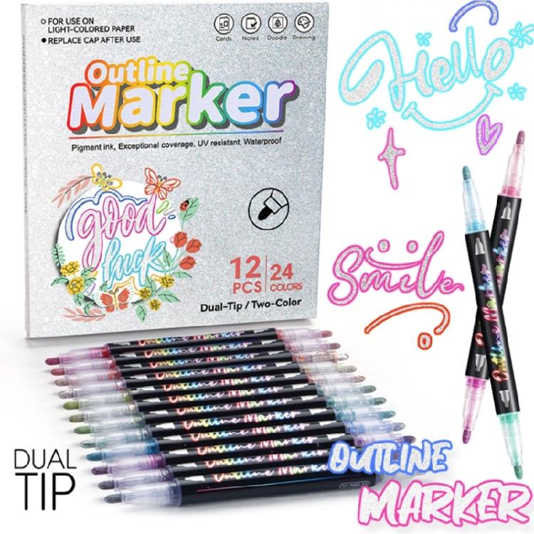 Outline Pen Set, 12Pcs Metallic Outline Marker Pens Gifts Card Writing Double Line Outline Pens Metallic Paint Markers