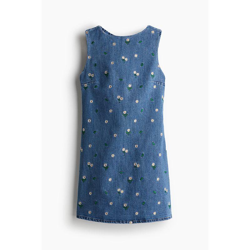 

HM Women s Clothing Dress 2025 Summer New Arrival Embroidered Denim Backless Short Stylish Floral Skirt 1282227 Light denim blue/Daisies 155/76(XXS)