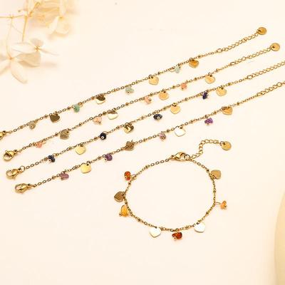18K Gold Peach Heart Bracelet with Colorful Natural Stones - Minimalist Stainless Steel Women's Jewelry