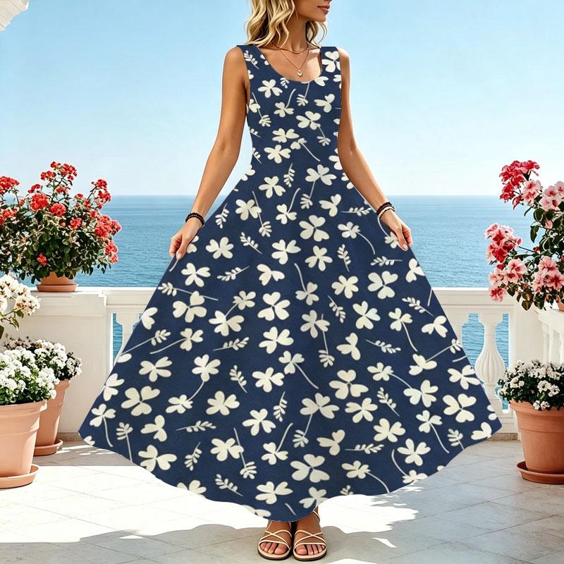 Floral Ankle-Length Maxi Dress,Sleeveless Lightweight Flowy Full Skirt,Fresh Versatile for Beach Vacation,Daily Casual,Travel Photos