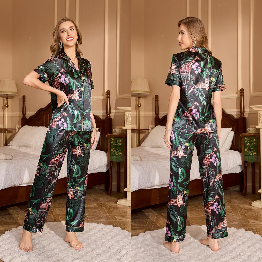 Yaoting ice silk pajamas women's summer short-sleeved trousers loungewear set high-end printing two-piece set TZ1111
