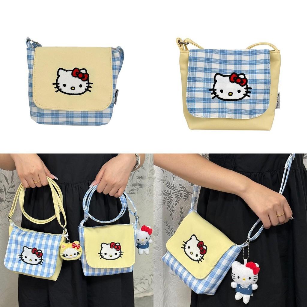 Hello Kitty Fashion Crossbody Bag With Plaid Pattern And Nylon Material For Women